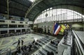 Center seating area of Ã¢â¬â¹Ã¢â¬â¹passengers waiting to board a train at Hua Lamphong Railway Station, Bangkok, Thailand